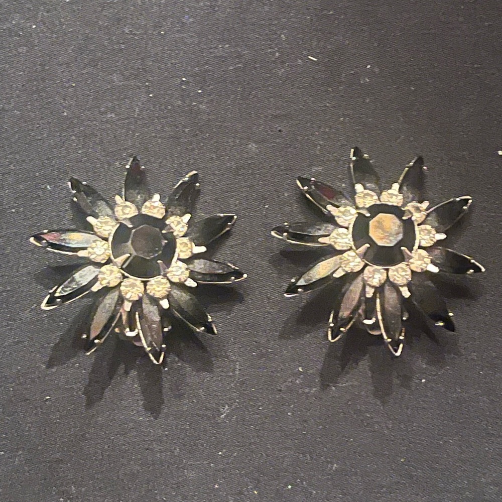 Vintage Black Rhinestone Floral Star Burst Earrings Judy Lee